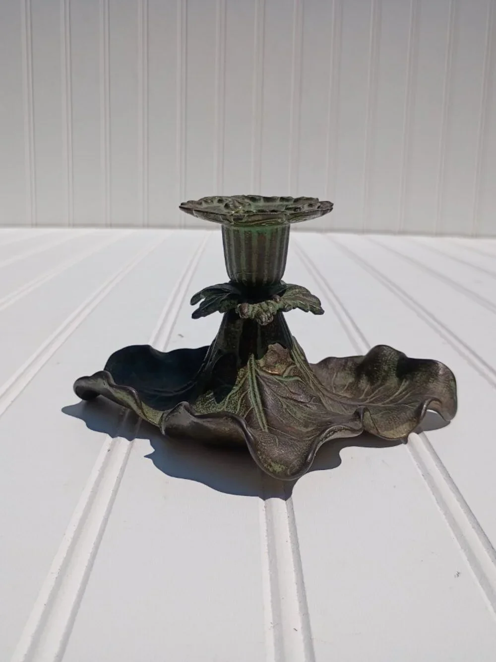 Vintage Cast Brass Taper Candle Holder Floral Leaf Verdigris Green Bronze Dish
